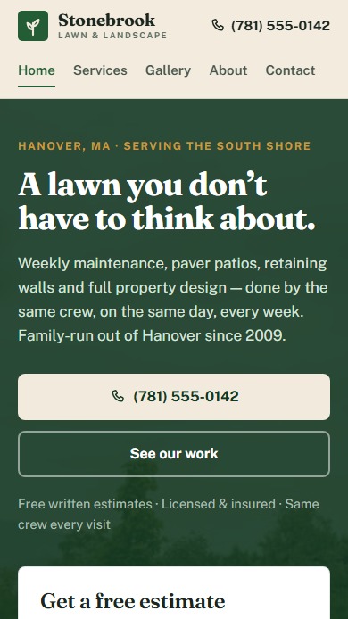 The Stonebrook Lawn & Landscape demo site on a phone